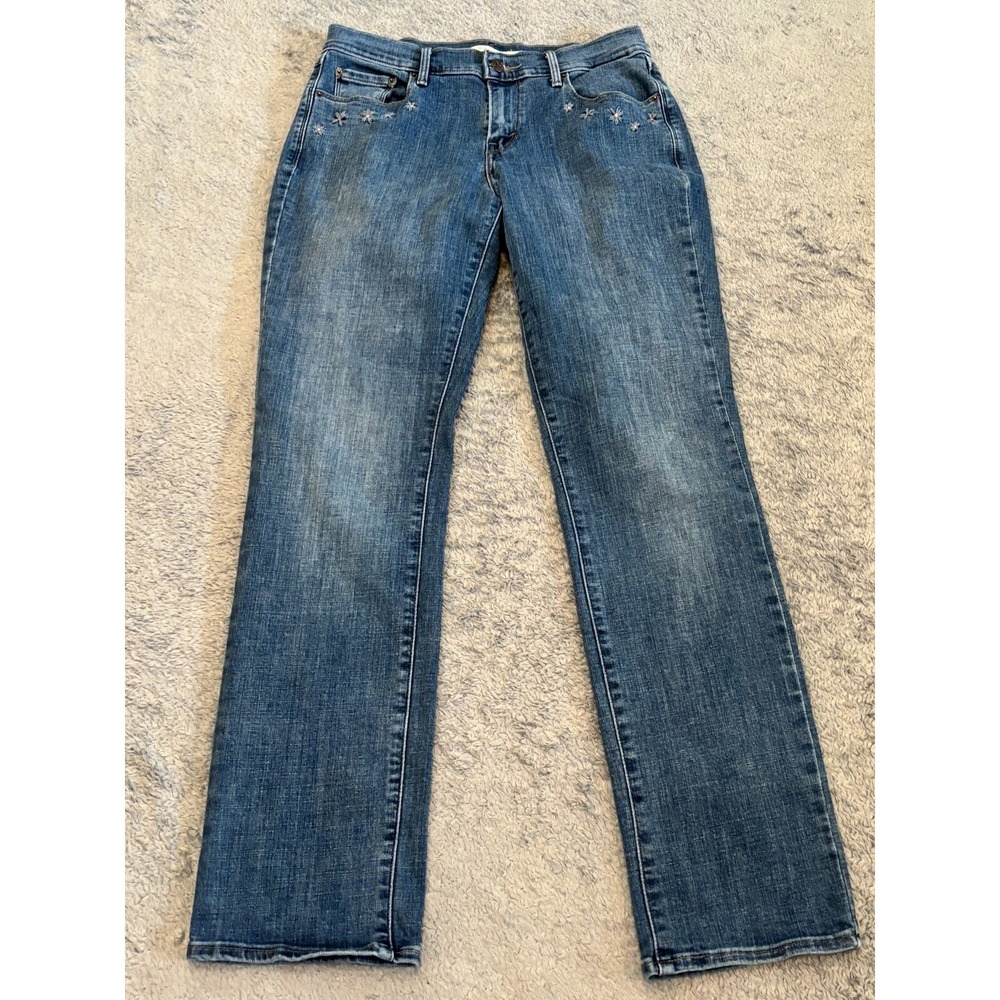 Levis 505 Jeans Womens 27 Straight Leg Blue Denim Embroidered Pocket Floral